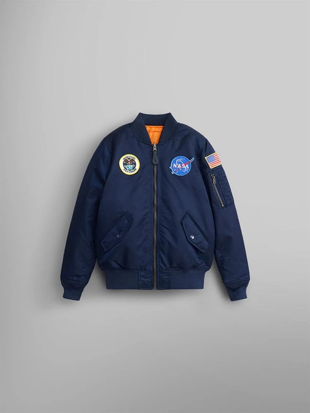 ORIGINAL Alpha Industries Navy Blue NASA Patch Bomber Jacket with Orange Lining